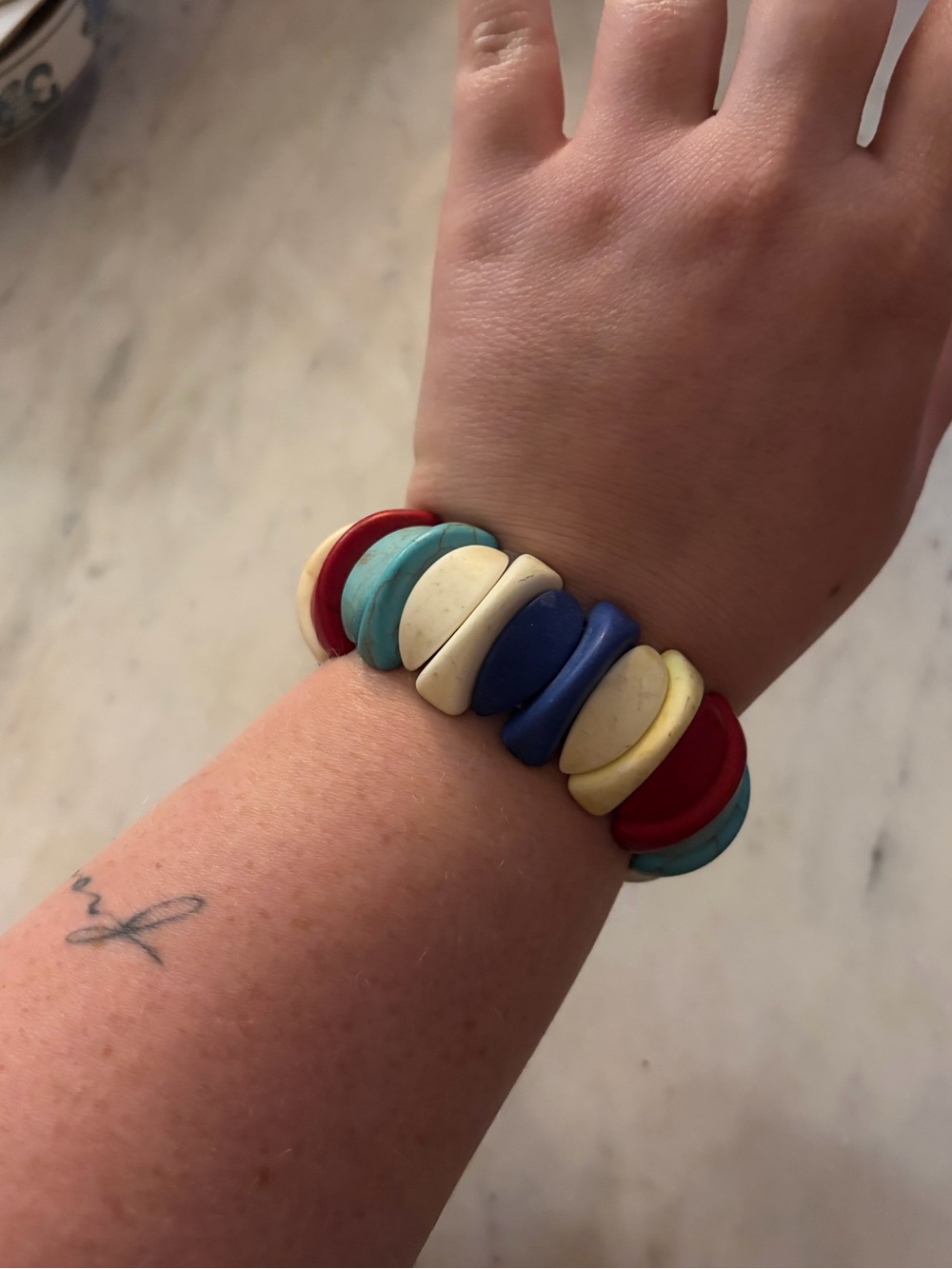 Vintage Multicolor Beaded Stretch Bracelet - Red, Blue, Turquoise, Cream, Yellow
